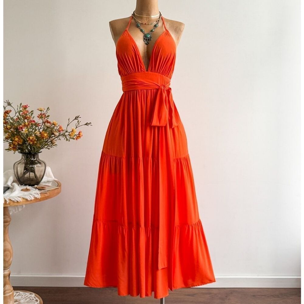 Elegant Orange Halter Tie Front Maxi Dress Vacation Styles S M L XL